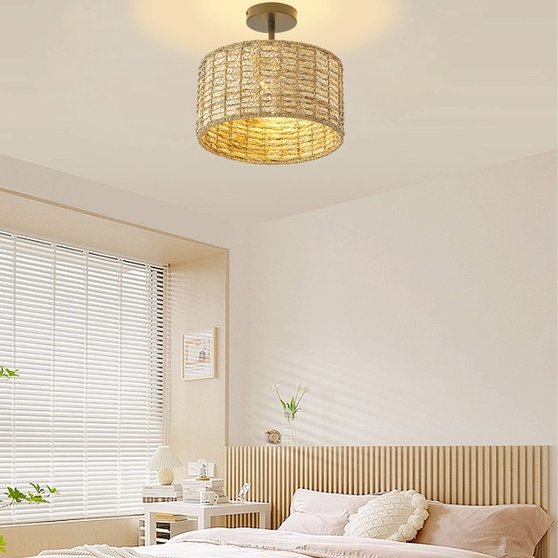Giutna 13"Rattan Ceiling Light Fixture Flush Mount, 2-Light Boho Rattan