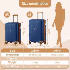 Kono Expandable 24 Inch Hard Shell Travel Luggage, Large capacity for easy travel, 360 Spinner Wheels & TSA Lock Lightweight Suitcase - Navy/Brown