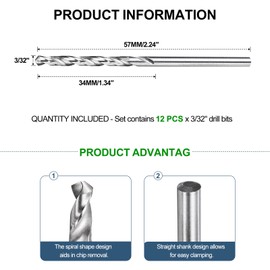 METALLIXITY 2.381mm Drill Bit (3/32") 12Pcs, 4241 High-Speed Steel Straight Shank Uncoated (Bright) 118° for Wood Plastic Iron Copper Aluminum Low Soft Metal