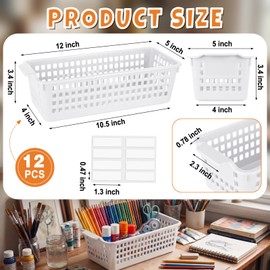 Domensi 12 Pcs Slim Plastic Storage Baskets for Organizing Back to School Supplies 11.6" x 5" x 3.4" Thin Pencil Trays Small Narrow Storage Bins with Handles & Label Area for Bathroom Office(White)