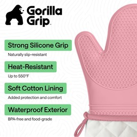 Gorilla Grip - Juego de guantes de cocina de silicona resistentes al calor, forro acolchado suave, extralargos, impermeables y flexibles para cocinar y hacer barbacoas, guantes de cocina, fáciles de limpiar, juego de 2, rosa