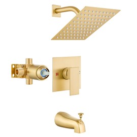 Airuida Shower Faucet Set with Tub Spout Bathtub Faucet Kit Complete Tub Shower Trim Kit with Solid Brass Rough-in Valve and 8 Inch Square Rainfall Showerhead Bent Shower Arm Brushed Gold