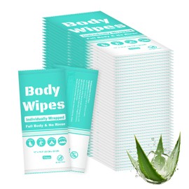 Individually Wrapped Body Wipes Bulk Bath Wipe, Women Men Large Adult Disposable Body Shower Wipes No Rinse-Free Bathing Cloths Wipe for Outdoors After Gym Camping Travel (50, Blue, 12 x 10.3 in)