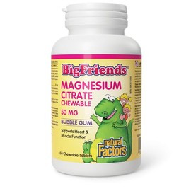 Natural Factors Tabletas masticables de Magnesio Citrato 50 mg sabor chicle – 60 tabletas para niños y adultos – Con magnesio biodisponible para apoyo