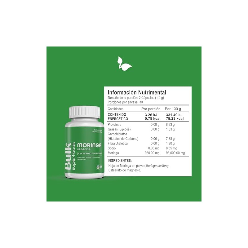 BULK SUPERFOODS Moringa Pura Orgánica 100 Natural