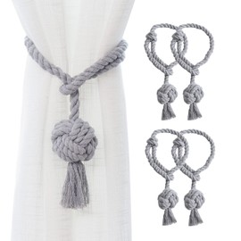 JQWUPUP 4 Pack Rustic Curtain Tiebacks - Decorative Outdoor Drape Drapery Holdbacks Holders - Hand Knitting Cotton Rope Curtain Tie Backs for Sheer and Blackout Curtain (Set of 4, Grey)