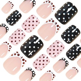24Pcs Black White Polka Dots Press on Nails Short Square Nails French Tips Nail Press ons Pink Nude Full Cover Glue on Nail Glossy Reusable Acrylic False Nails Summer Stick on Nail for Women Manicure