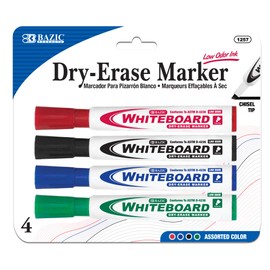 BAZIC Dry Erase Marker Assorted Color Chisel Tip, Whiteboard Pen Marcador, Low Odor Markers White Board Pens, Office School Supplies (4/Pack), 1-Pack