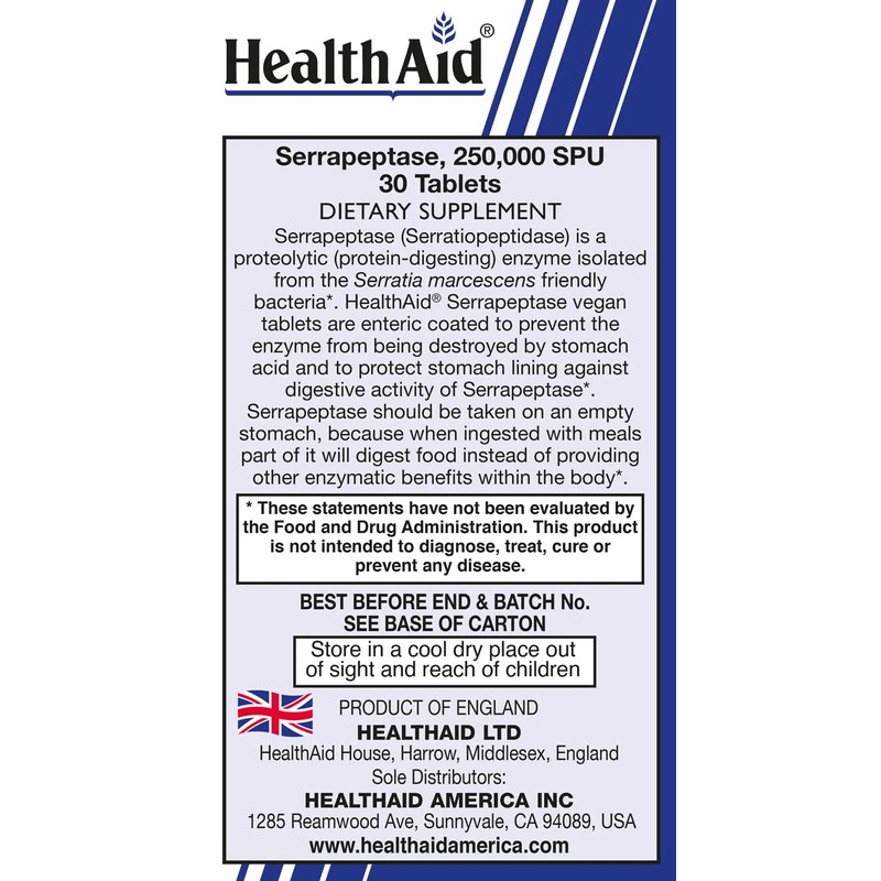 HealthAid Serrapeptase 250,000 SPU – Extra High Potency, Once-Daily Enteric-Coated Vegan