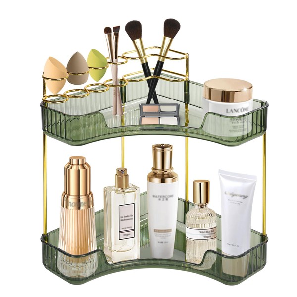 JIAN YA NA - Organizador de maquillaje verde de 2 niveles: almacenamiento de mostrador de esquina, organizador de maquillaje de alta capacidad, estante para cosméticos para recámara, cambiador o