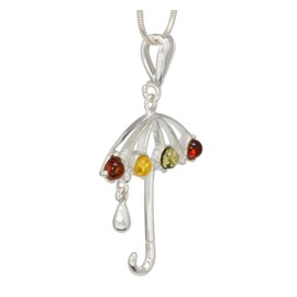 LIGURIUS Genuine Natural Baltic Amber Jewellery - Exquisite Pendant Necklace in 925 Sterling Silver Umbrella Design and Adjustable 45 cm - 50 cm Chain - Gift Set