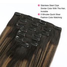 ABH AMAZINGBEAUTY HAIR Yaki Straight Clip ins Human Hair Rooted Black Piano Natural Black #1B Mixed With Caramel Blonde #27 Two Tone Yaki Clip ins 14 Inch Clip in Hair Extensions for Black Women 120G