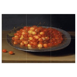 Tile Mural Landscape Cherry Blossoms in Plates by Osias Beert Kitchen Bathroom Shower Wall Backsplash Splashback 3x2 4.25" Ceramic, Glossy