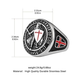 HZMAN Stainless Steel Knights Templar Ring for Men Boys Retro Put On The Whole Armor of God Ephesians 6:13 Red Cross Ring Jewelry Gift (Silver,12)