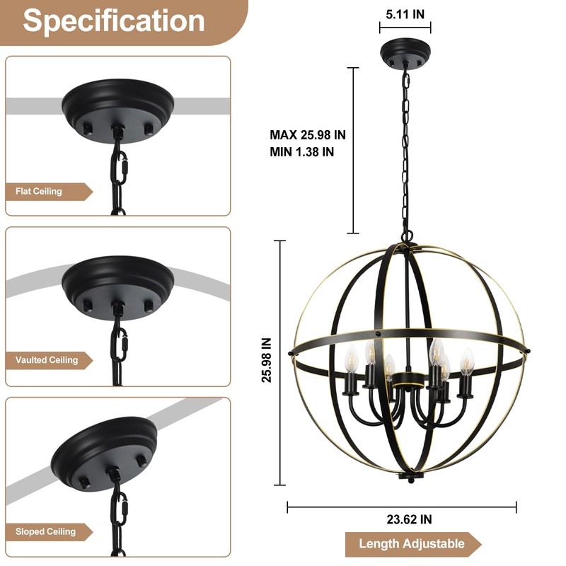 DLLT 6-Light Orb Chandelier, Black and Gold Globe Pendant Lights,