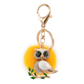 surell - Genuine Mink Fur Owl Shaped Keychain - Cute Pompom Fashion Accessory with Sparkle- Fluffy Fur Ball Sparkly Animal Key Chain - Stylish Round Furry Bedazzled Charm - Stylish Gift - (Yellow)