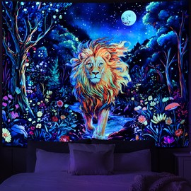 Obsecolors Blacklight Lion Tapestry UV Reactive Forest Wall Tapestry Trippy Galaxy Space Tapestries Colorful Flowers Plant Tapestries Wall Hanging for Bedroom
