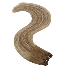 YoungSee Sew in Real Hair Extensions Human Hair Invisible Sew in Weft Hair Extensions Human Hair Balayage Light Brown to Platinum Blonde Hair Extensions Human Hair Sew in 100g 14in