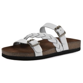 WHITE MOUNTAIN Women's Huntington Signature Comfort Molded Footbed Double Buckle Braided Sandal, White/Leather, 8 M