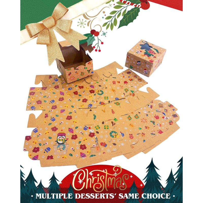 Qiqee 60pc Christmas Cookie Boxes with Window 4x4x2.5 Small Treat