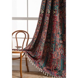 Tokusyou Boho Vintage Curtains, Opaque, Ethnic Curtains, Bohemian Linen Look, Red Jacquard Cotton, Rustic Curtain with Tassel, Rod Pocket for Bedroom, Kitchen, Set of 1, W 150 x H 220 cm