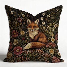 William Morris Inspired Fox Velvet Throw Pillow Cover,18x18 Inch Soft Cushion Pillow Covers Home Decor,Vintage Floral Design Decorative Pillowcase for Sofa Living Room Couch Bed