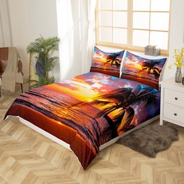 Loussiesd Ocean Beach Duvet Cover For Kids Adults Girls Chic Sea Sunset Scenery Comforter Cover Tropical Palm Tree Bedding Set Hawaiian Holiday Bedspread Cover Room Decor Single Bedclothes