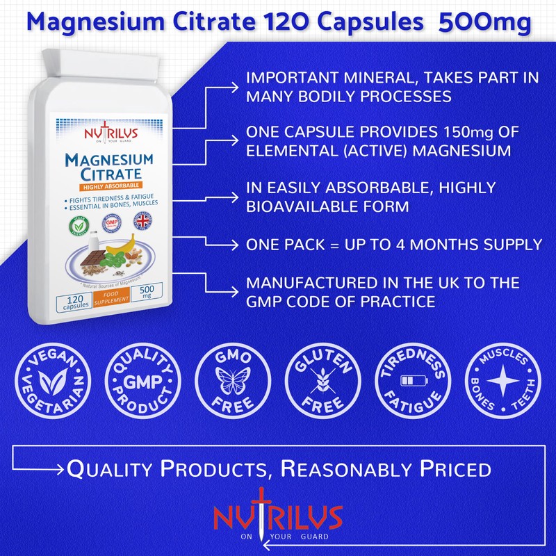 Magnesium Citrate Capsules 120 x 500mg - 150mg of Bioavailable
