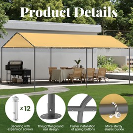 Carport, 10‘ x 20’ Heavy Duty Enclosed Garage All-Season Car Canopy, Portable Canopy with Water-Resistant Tarp, Outdoor Storage Shelter for Car, Truck (Yellow, No Side)