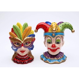 Fine Ceramic Hand Painted Mardi Gras Joker Clown and Girl Wearing Mask Salt & Pepper Shakers Set, 4" H