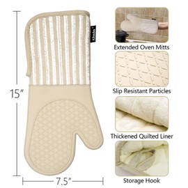 Alselo Silicone Oven Mitts Heat Resistant 932℉ with Waterproof & Non-Slip Kitchen Mittens, Set of 2 Extra Long Oven Gloves with Soft Cotton Terry Lining for Baking Cooking Barbecue (Khaki, 2)