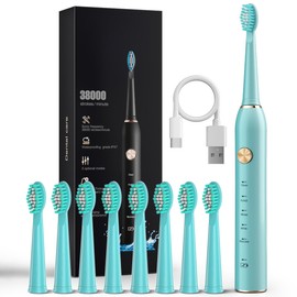 USB Rechargeable Sonic Electric Toothbrush for Adults Powered Motor Soft Dupont Brush Heads 2 Minutes Timer 5 Modes Teeth Whitening, Green