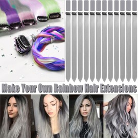 12 PCS Grey Hair Extensions Clip in, Olldag 22-inch Colored Party Synthetic Neon Highlights Extensions, Rainbow Hair Accessories for Girls Women Kids Doll Hair Pieces