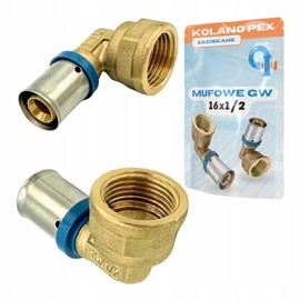 Rimex Press Fitting Angle 16 x 1/2 Inch Female Thread, PEX Brass Sleeve Connection, Clampable, Press Fitting, for Water and Heating Installations, U-Press Jaws