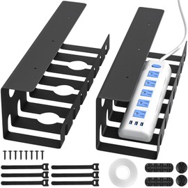 Delamu Delamu 2 Pack Metal Under Desk Cable Management Tray, U-Channel Cord Organizer Box, Office Under Desk Cord Organizers, Cable Management with Various Accessories, Black, 15.75 Inches