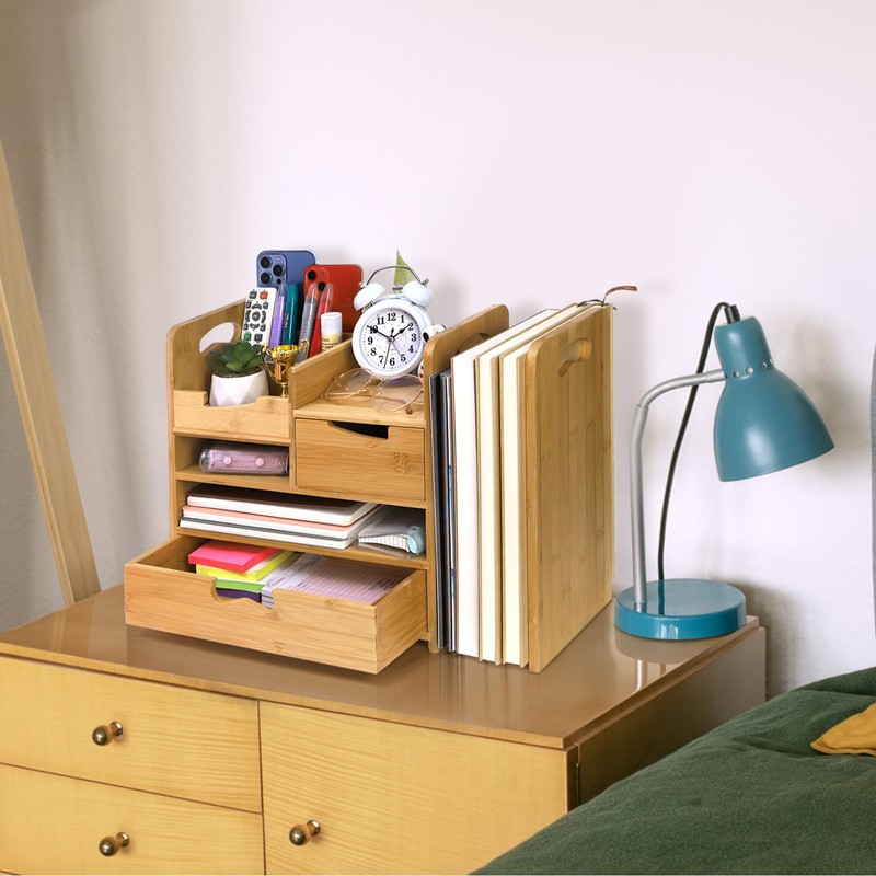 ZOOFOX Bamboo Desk Organizer with Adjustable File Holder, Mail Organizer