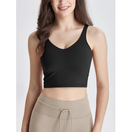 ODODOS Cloud Feeling Tank Bra for Women U Back Wirefree Longline Sports Bra Yoga Crop Top, Black, Medium