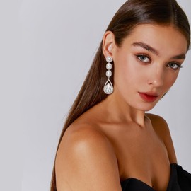 EVER FAITH Women's Crystal Wedding Fashion Teardrop Long Dangle Chandelier Earrings, Crystal, Crystal