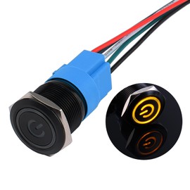 JIQI 22 mm Pressure Switch 12 V to 24 V 5 A Waterproof Latching Switch Made of Aluminium Alloy IP66 1NO1NC Pre-Wired Black On/Off Switch with Power Symbol LED for Motorcycle Boat Truck RV (Yellow)