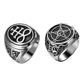 Flongo Satanic Signet Ring Men's: 2 Pieces Stainless Steel Baphomet Pentagram Goat Head Leviathan Cross Finger Ring Band Lucifer Satan Devil Symbol Vintage Gothic Jewellery for Men Size 54, Stainless