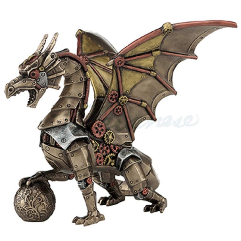 Unicorn Studio Steampunk Mechanical Gear Dragon Sitting Holding Sphere Statue