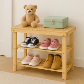 Wonder Comfort Shoe Rack Bench, 3-Tier Bamboo Storage Benches Organizer Shelf for Bathroom Entryway Hallway Corridor Living Room, Wood