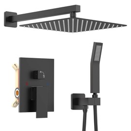 KOJOX Shower System with High Pressure 10'' Rainfall Shower Head, Handheld Shower head and Shower Faucet Trim valve, Bathroom Luxury Rain Mixer Shower Combo Set Wall Mounted Matte Black