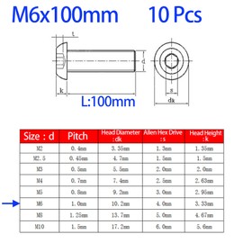 M6-1.0 x 100mm Button Head Socket Cap Screws, Stainless Steel 304, Full Thread, Allen Socket Drive, Heavy Duty Machine Hexagon Screw Drive 10 PCS