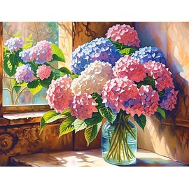 NUFTVI Hydrangeas Diamond Art Kit - 12"x16" Round Full Drill Floral Canvas, Premium DIY Craft for Adults, Therapeutic Wall Decor & Home Office Decoration