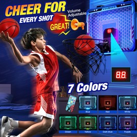 ropoda Indoor Basketball Hoop, Mini Basketball Hoop with 7 LED Lights, 3 Modes Scoreboard, Mini Hoop with 4 Balls Over The Door, Basketball Hoop Indoor, Toys Gifts for Kids Adults