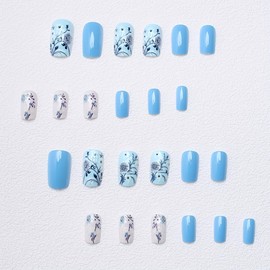 24 Pcs Flower Press on Nails Short Square Shaped Fake Nails with Blue White Floral Design Spring False Nails Glossy Acrylic Nails Full Cover Stick on Nails for Women Nails Manicure Decoration
