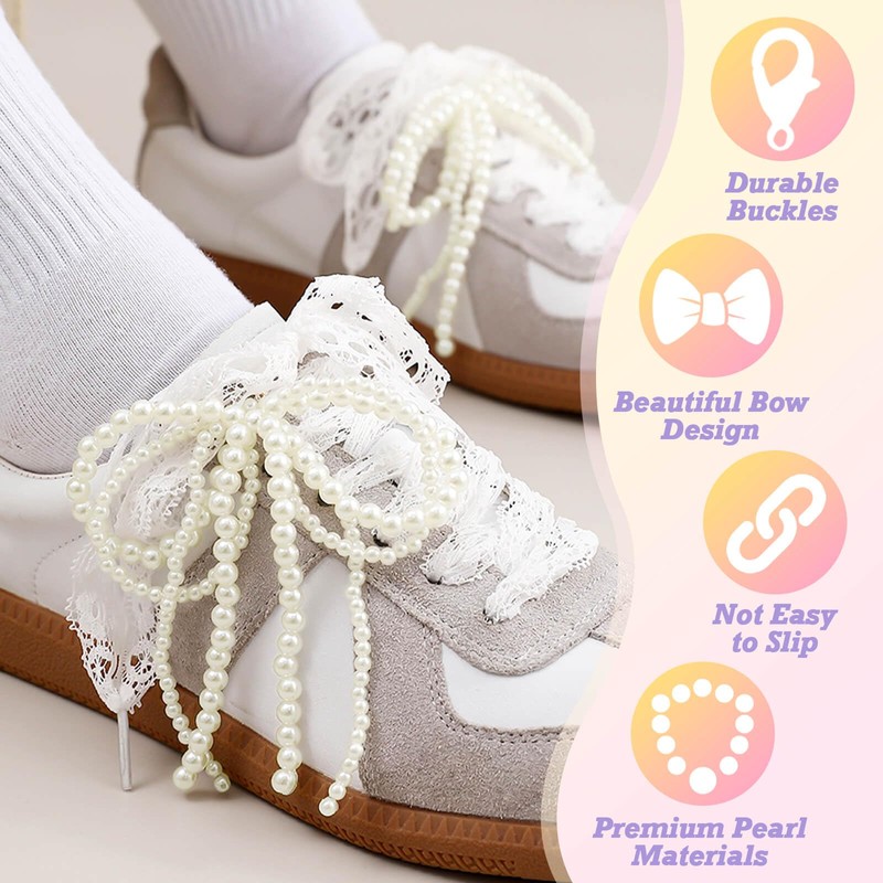 WEGOODZF 2 pcs White Lace and Pearls Bowknot Shoe Charms