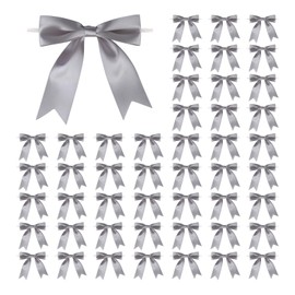 Meseey 50 Pcs 5 Inches Twist Tie Satin Ribbon Bows Pretied Premade Craft Bows for Treat Bags Gift Wrapping Basket Wedding Baby Shower Brithday Christmas Party (Grey)