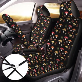 Riakrum 17 Pcs Mushroom Car Seat Covers Mushroom Car Accessories Full Set for Women Men Automotive Rear Front Seat Protector View Mirror Hanging Ornament Steering Wheel Belt (Cute Retro Mushroom)